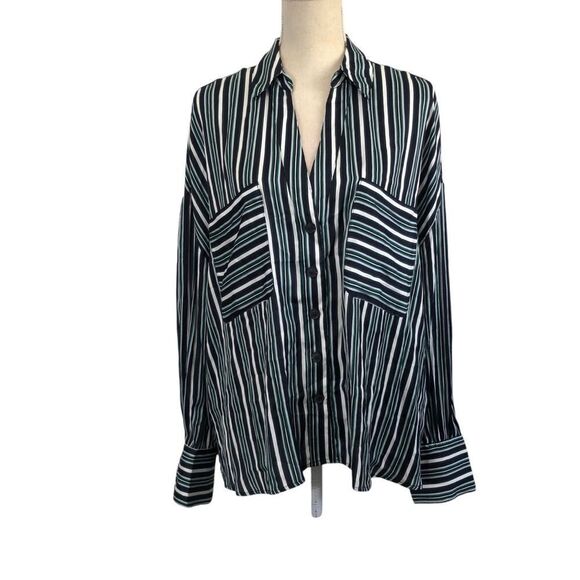 Free People Mad About You Striped Button-Up Long Sleeve Shirt Navy Large NWT - Picture 6 of 12